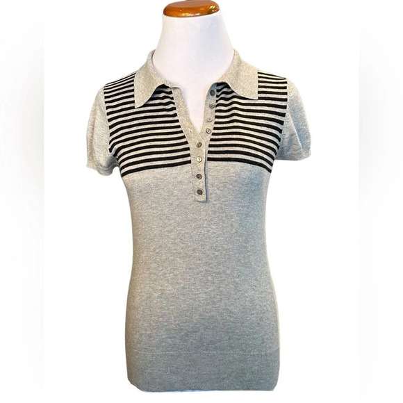 MaxMara Weekend Line Virgin Wool Short Sleeve Grey Striped Polo - Picture 1 of 4